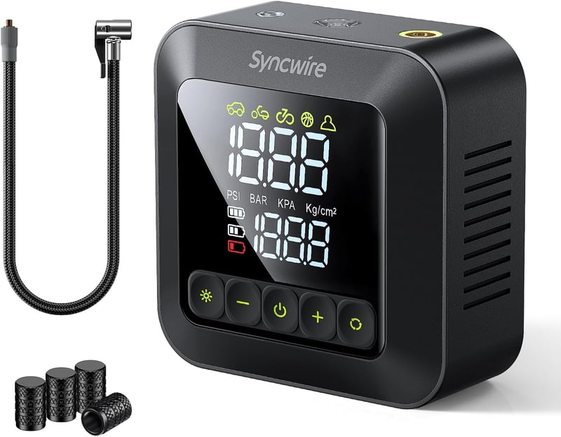 SYNCWIRE Hordozható Kompresszor 10.35 Bar - 3x Gyorsabb Elektromos Autó Gumiabroncs Pumpa, Nagy LCD Kijelzővel, Többféle Üzemmóddal és Szele