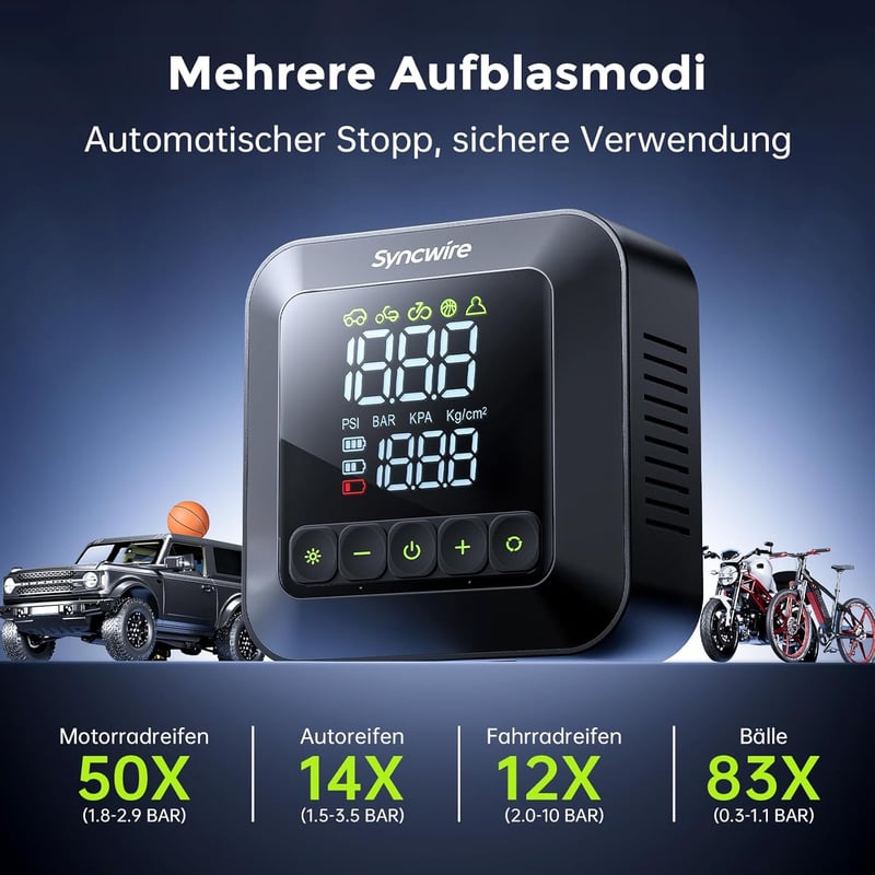 SYNCWIRE Hordozható Kompresszor 10.35 Bar - 3x Gyorsabb Elektromos Autó Gumiabroncs Pumpa, Nagy LCD Kijelzővel, Többféle Üzemmóddal és Szele
