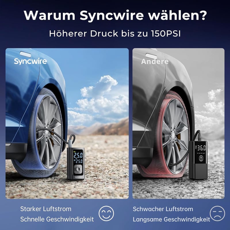 Syncwire Hordozható Légkompresszor Mini Gumiabroncs Pumpa 10.35 Bar Elektromos Autó Motorkerékpár Bicikli - SC BLACK