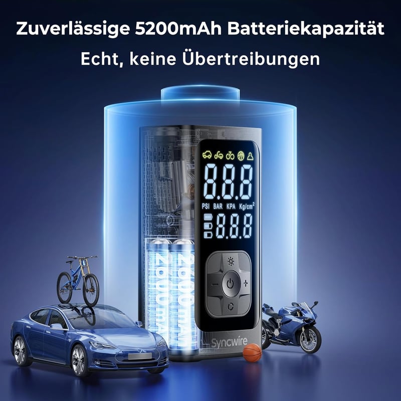 Syncwire Hordozható Légkompresszor Mini Gumiabroncs Pumpa 10.35 Bar Elektromos Autó Motorkerékpár Bicikli - SC BLACK