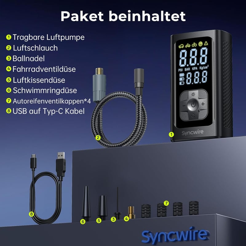 Syncwire Hordozható Légkompresszor Mini Gumiabroncs Pumpa 10.35 Bar Elektromos Autó Motorkerékpár Bicikli - SC BLACK