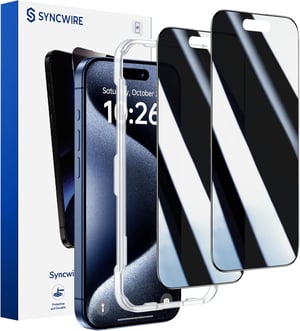 SYNCWIRE zaštitno staklo za privatnost za iPhone 15 Pro Max, 28°, 9H, s crnim okvirom - 2 komada