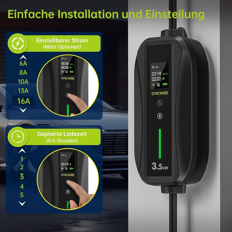 SYNCWIRE Type 2 Elektromos Autó Töltőkábel 5,5m - Állítható Áramerősség (6-16A), LCD Kijelző, IP65 Vízálló, Schuko Csatlakozó, Kábeltartóval