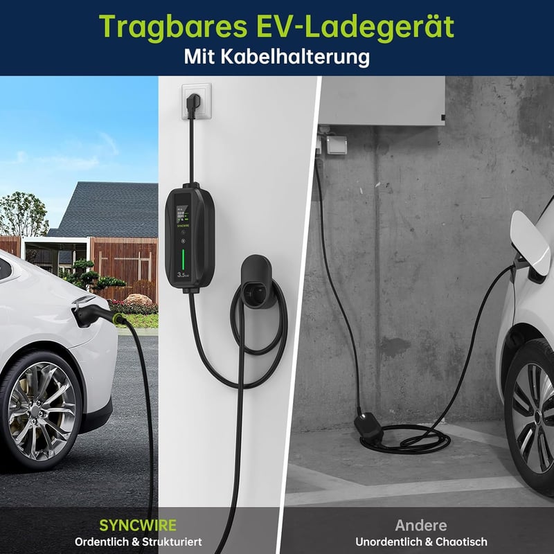 SYNCWIRE Type 2 Elektromos Autó Töltőkábel 5,5m - Állítható Áramerősség (6-16A), LCD Kijelző, IP65 Vízálló, Schuko Csatlakozó, Kábeltartóval