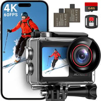 syndesmos Action Cam 4K 60FPS - 40M Vízálló Akciókamera 30MP Felbontással, 2 LCD Kijelzővel, Érintőképernyővel, 64GB Kártyával és Távirányít 1
