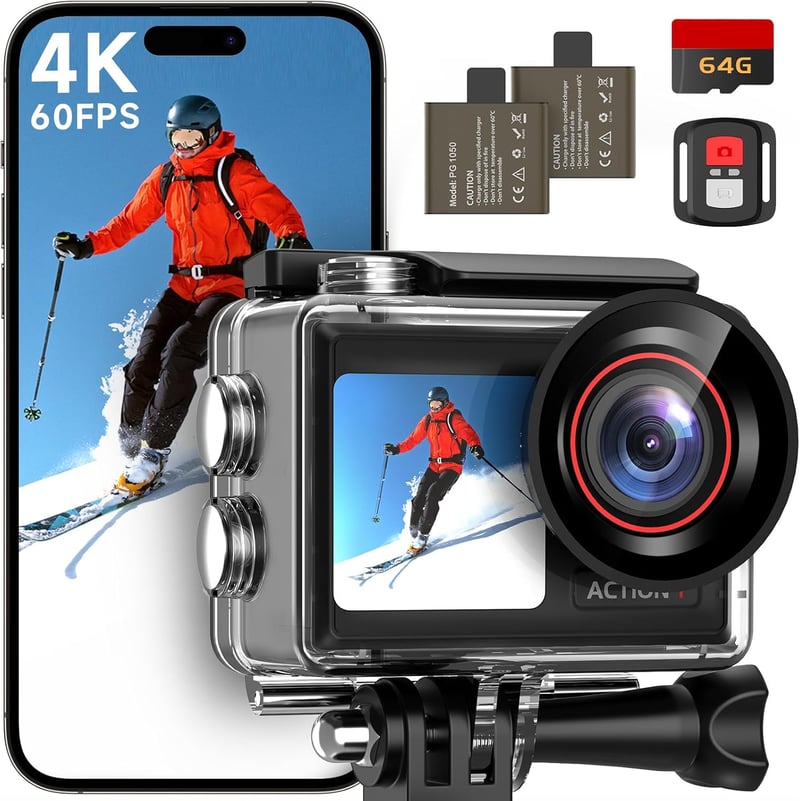 syndesmos Action Cam 4K 60FPS - 40M Vízálló Akciókamera 30MP Felbontással, 2 LCD Kijelzővel, Érintőképernyővel, 64GB Kártyával és Távirányít
