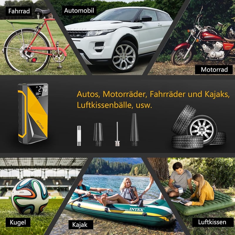 SYTUNG 12 V hordozható kompresszor autógumi pumpa digitális kijelzővel, autó és motor gumihoz, labda és gumiszigetekhez, sárga-fekete