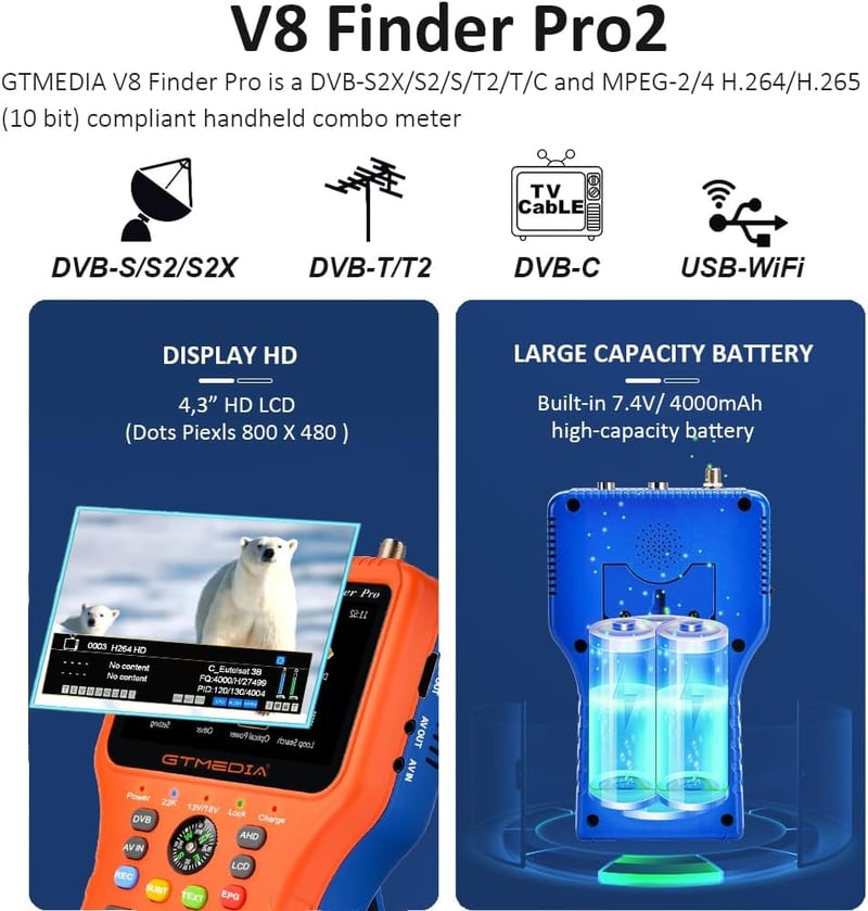 SZBOX V8 Finder Pro Műholdas Jelszilárdság Mérő DVB-S2X/T2/C Combo Méter