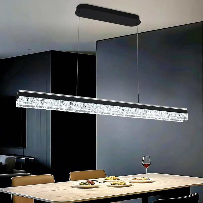 Lustră LED neagră tip flagship cu cristale, cu telecomandă, pentru deasupra mesei din dining, 120 cm, reglabilă pe înălțime, dimabilă, corp de iluminat minimalist pentru dining