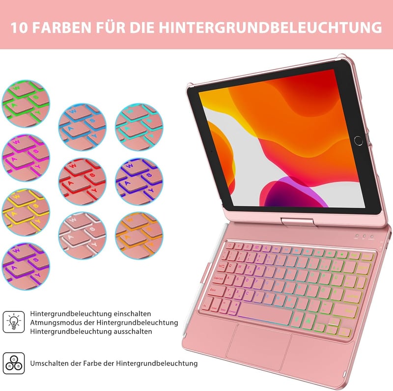 SZO iPad 10.2 Billentyűzet Tok 360° Forgatható QWERTZ Vezeték Nélküli Bluetooth Világítással