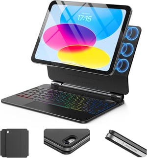 Husă magnetică SZO pentru iPad cu tastatură și touchpad, Bluetooth, iluminare LED în 7 culori, suport pliabil, iPad 10.9 și 11 2025, negru