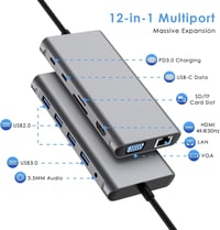 SZPACMATE 12 az 1-ben USB-C dokkoló állomás 4K HDMI VGA Ethernet SD kártyaolvasó 2