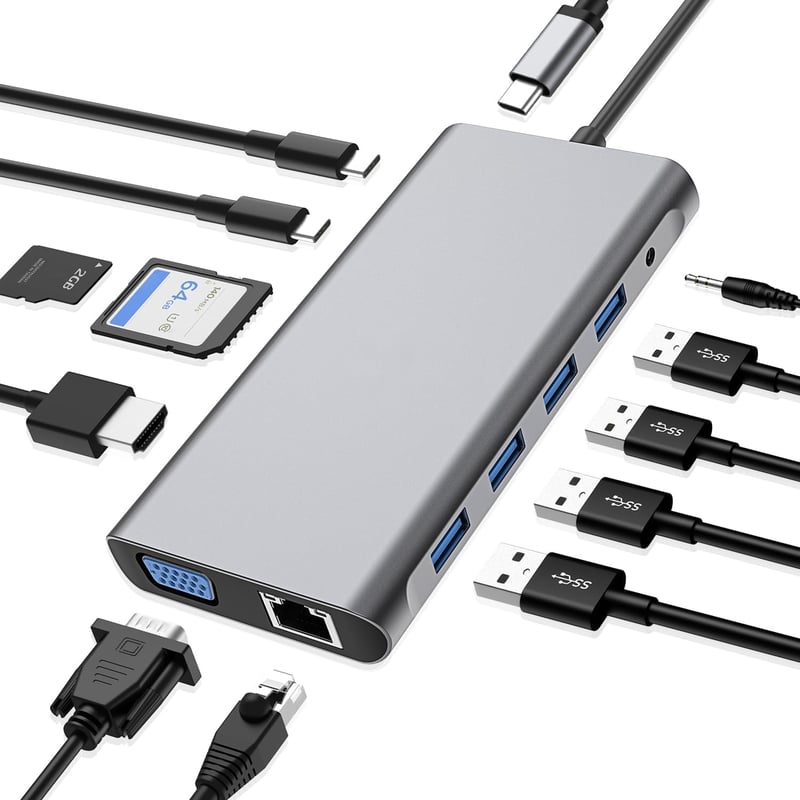 SZPACMATE 12 az 1-ben USB-C dokkoló állomás 4K HDMI VGA Ethernet SD kártyaolvasó