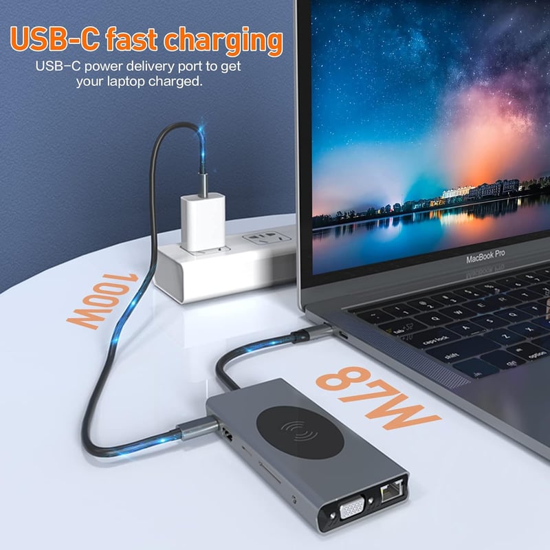 SZPACMATE 13-in-1 USB-C Hub Dokkoló Állomás Vezeték Nélküli Töltéssel, 4K HDMI, VGA, USB 3.0, Ethernet, 100W PD MacBook Pro Kompatibilis