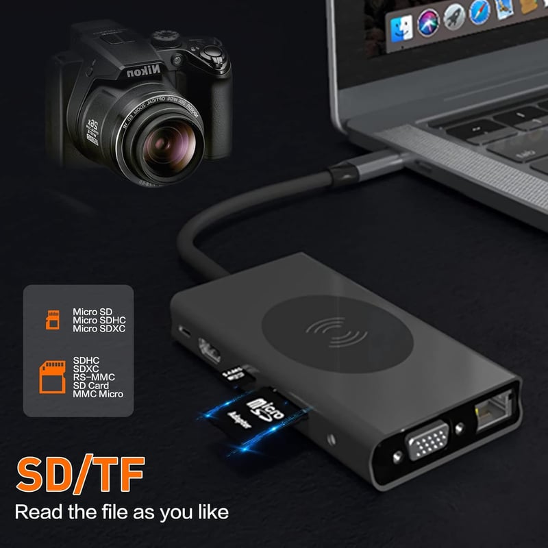 SZPACMATE 13-in-1 USB-C Hub Dokkoló Állomás Vezeték Nélküli Töltéssel, 4K HDMI, VGA, USB 3.0, Ethernet, 100W PD MacBook Pro Kompatibilis