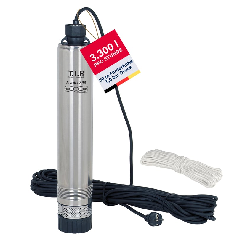 Ponorné čerpadlo T.I.P. AJ 4 Plus 55/50 z nehrdzavejúcej ocele – pre studne s Ø 10 cm, 3300 l/h, výtlačná výška 50 m, 5 bar