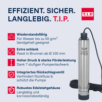 Ponorné čerpadlo T.I.P. AJ 4 Plus 55/50 z nehrdzavejúcej ocele – pre studne s Ø 10 cm, 3300 l/h, výtlačná výška 50 m, 5 bar 6