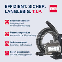T.I.P. Clean Jet 1000 Plus vrtna pumpa od nehrđajućeg čelika sa usisnim kompletom od 4 m, 3300 l/h, 46 m, 4,6 bara, 800 W, zaštita od toplinskog preopterećenja 5