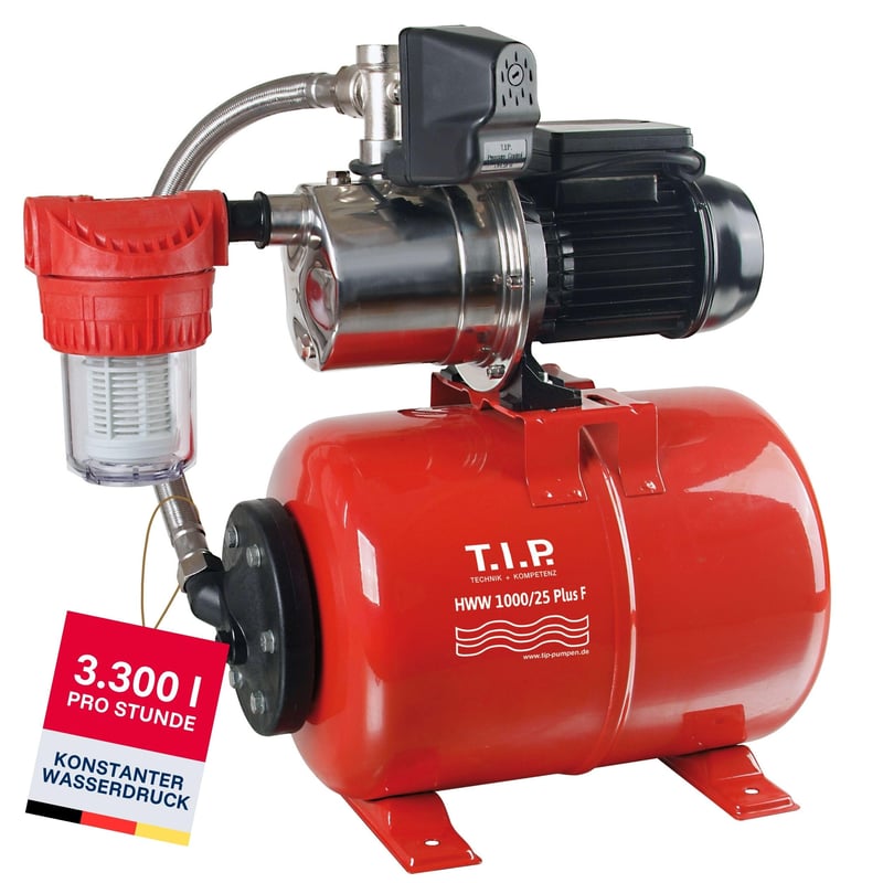 T.I.P. HWW 1000/25 Plus F Kućni hidropak od nehrđajućeg čelika s predfilterom – 3300 l/h, 46 m, 4,6 bara, 800 W, čelični spremnik od 22 l, manometar