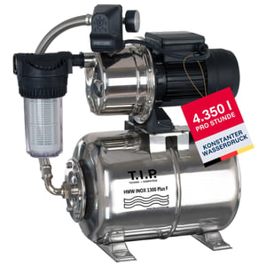 Sistem de pompare pentru uz casnic T.I.P. HWW INOX 1300 Plus F cu prefiltru, rezervor din oțel inoxidabil de 22 l, 4350 l/h, 1200 W, înălțime de pompare 50 m