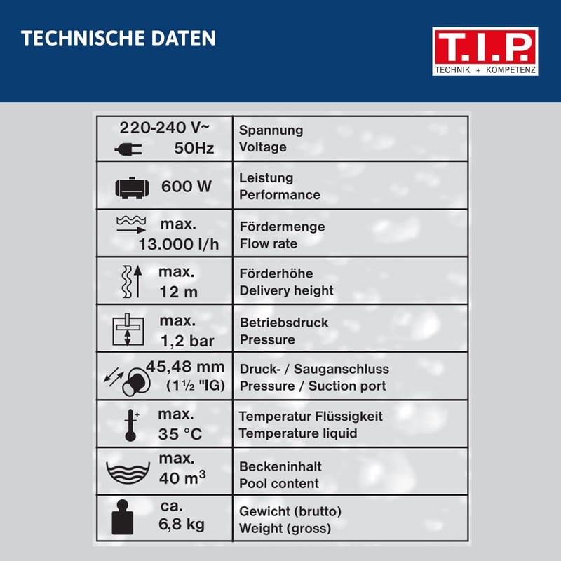 T.I.P. SPP 600 FT önfelszívó medencepumpa 13000l/h szűrővel és időzítővel