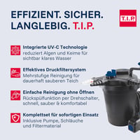 T.I.P. TFP 15000 UV 13 tófilter szett 15000L-es tóhoz, 4500 l/h szivattyúval - Fördermenge 4.500 l/h, Pond pressure filter without accessories, Pond volume: 15,000 litres 5