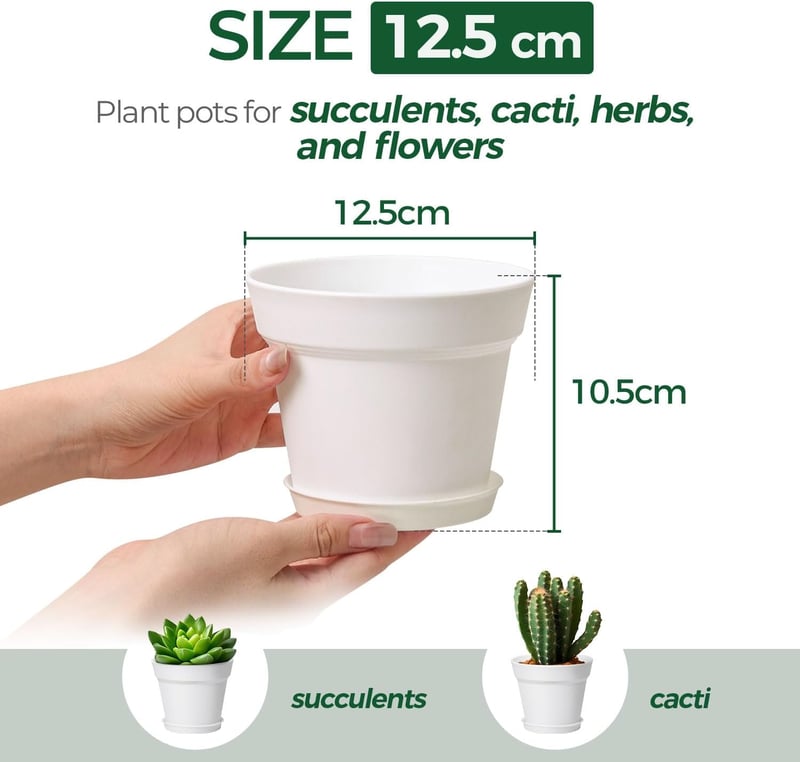 T4U 12,5 cm-es fehér műanyag virágcserép szett 6 db-os, drénázási lyukakkal, szokulens és kaktusz cserepek