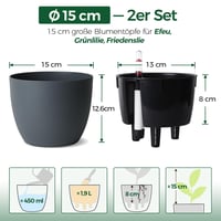 Samozavlažovací kvetináč T4U s ukazovateľom hladiny vody, 15 cm, sivý, 2 ks – Interiérový a exteriérový kvetináč pre brečtan a lopatkovec, pre začiatočníkov 3