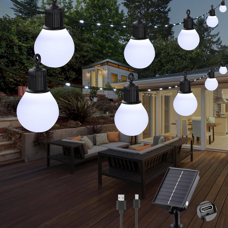 Tacobey solarni svjetlosni niz za vanjsku upotrebu s 20 G40 žarulja, 10 m, 100 LED dioda, USB punjenje, 8 načina rada, vodootporan, dekoracija za vrt, terasu i balkon