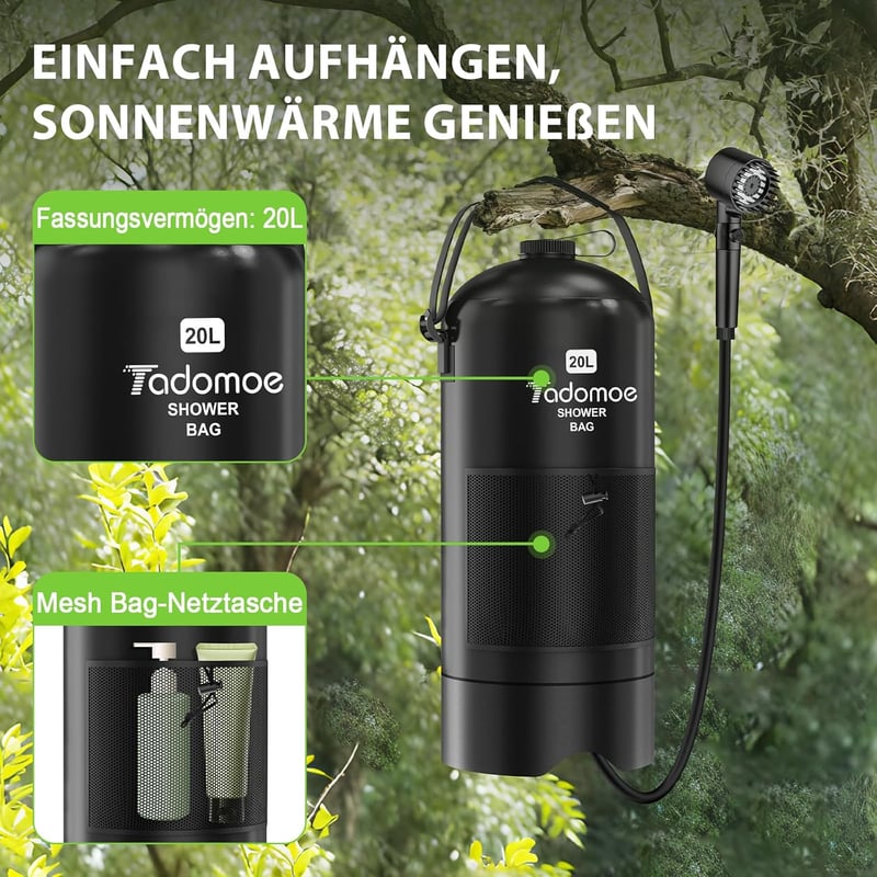 Tadomoe 20L Hordozható Kempingzuhany Pumpával - 2000mAh Napelemes Fekete Zuhanyzó Táskával és Zuhanyfejjel Kempingezéshez, Túrázáshoz, Utazá - Black