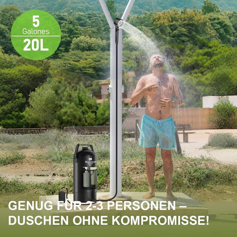 Tadomoe 20L Hordozható Kempingzuhany Pumpával - 2000mAh Napelemes Fekete Zuhanyzó Táskával és Zuhanyfejjel Kempingezéshez, Túrázáshoz, Utazá - Black