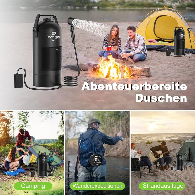 Tadomoe 20L Hordozható Kempingzuhany Pumpával - 2000mAh Napelemes Fekete Zuhanyzó Táskával és Zuhanyfejjel Kempingezéshez, Túrázáshoz, Utazá - Black