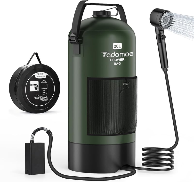 Tadomoe 20L Napelemes Kemping Zuhany Pumpával - Hordozható PVC Zuhanyzó Táskával és Zuhanyfejjel, Kempingezéshez, Túrázáshoz, Utazáshoz, Zöl