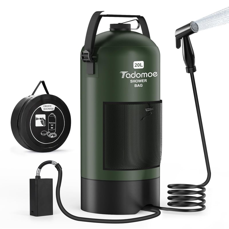 Tadomoe 20l skladacia kempingová sprcha s 2000 mAh batériovým čerpadlom a 2 m hadicou, solárna sprchovacia taška so sprchovou hlavicou, prenosná