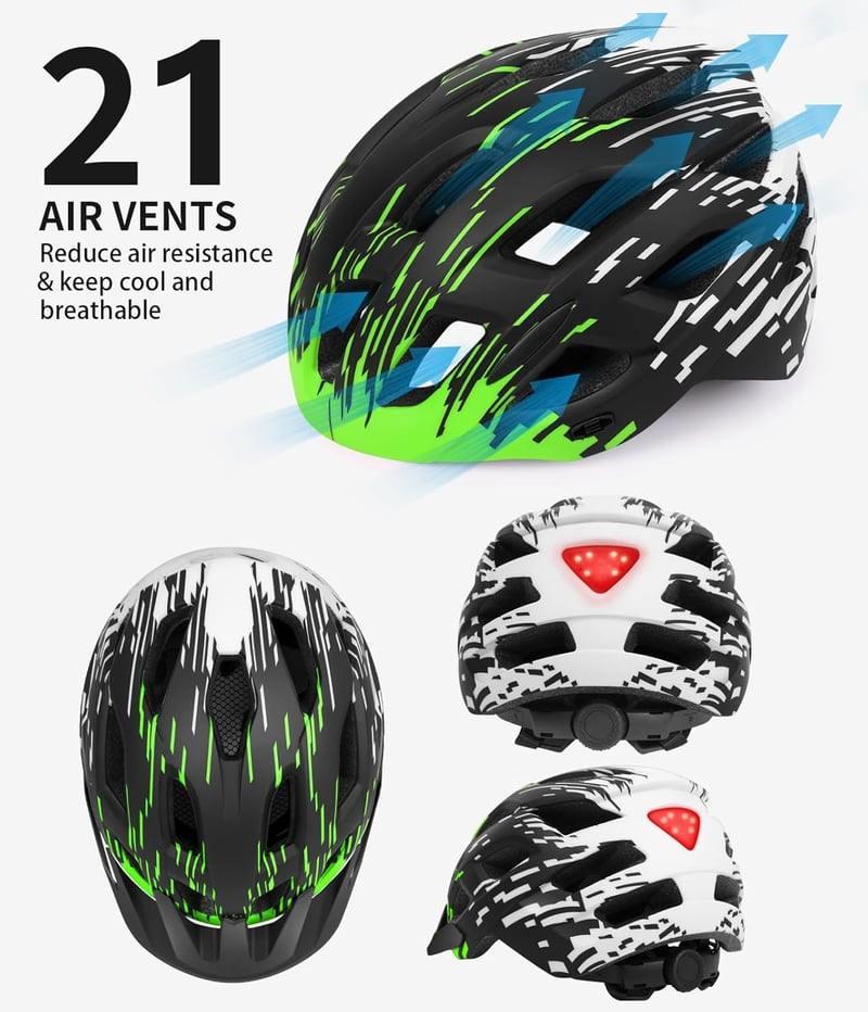 Tadpole Kerékpáros Sisak LED Lámpával Felnőtteknek 57-62cm - BlackGreen