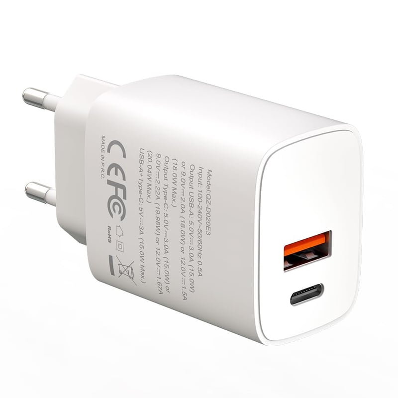 TagoZ USB-C nabíjačka s EU štandardom, PD 20W + QC 3.0 rýchlonabíjací adaptér pre iPhone, iPad, Samsung Galaxy a Android zariadenia