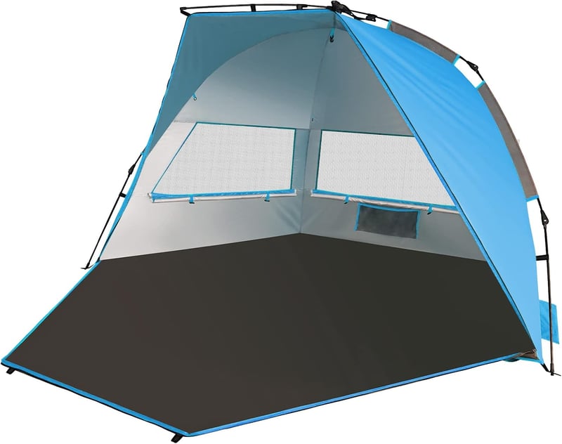 TAGVO UV védő strand sátor 4 személyes pop up napvédő menedék, jó szellőzéssel, kék-szürke camping sátor