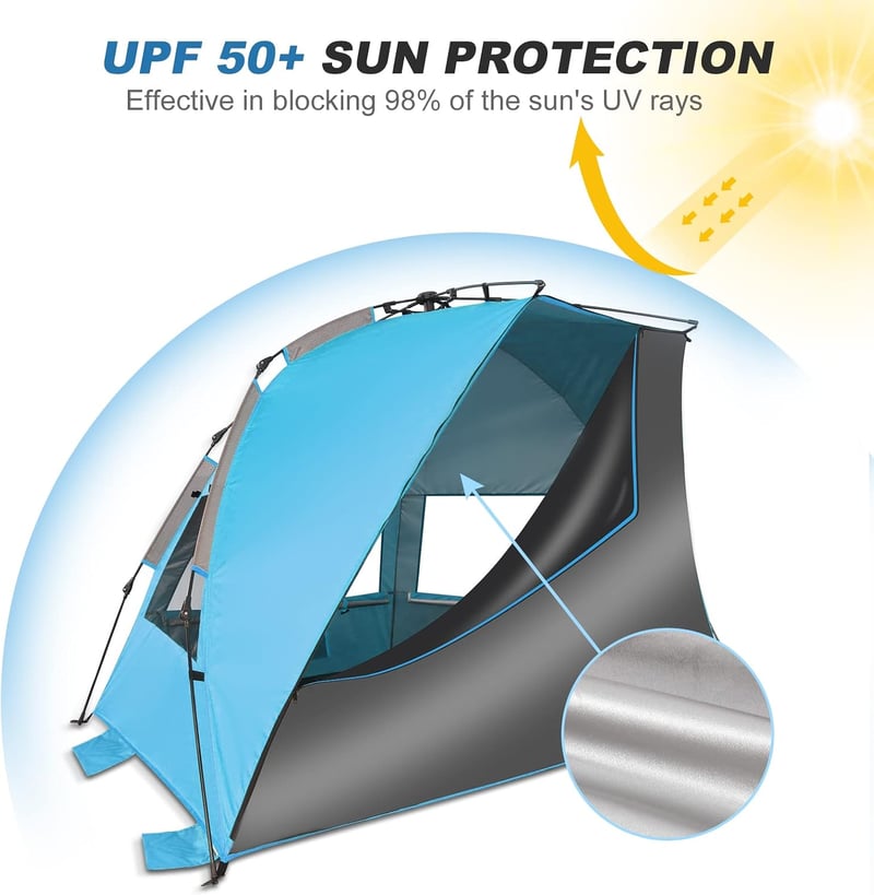 TAGVO UV védő strand sátor 4 személyes pop up napvédő menedék, jó szellőzéssel, kék-szürke camping sátor