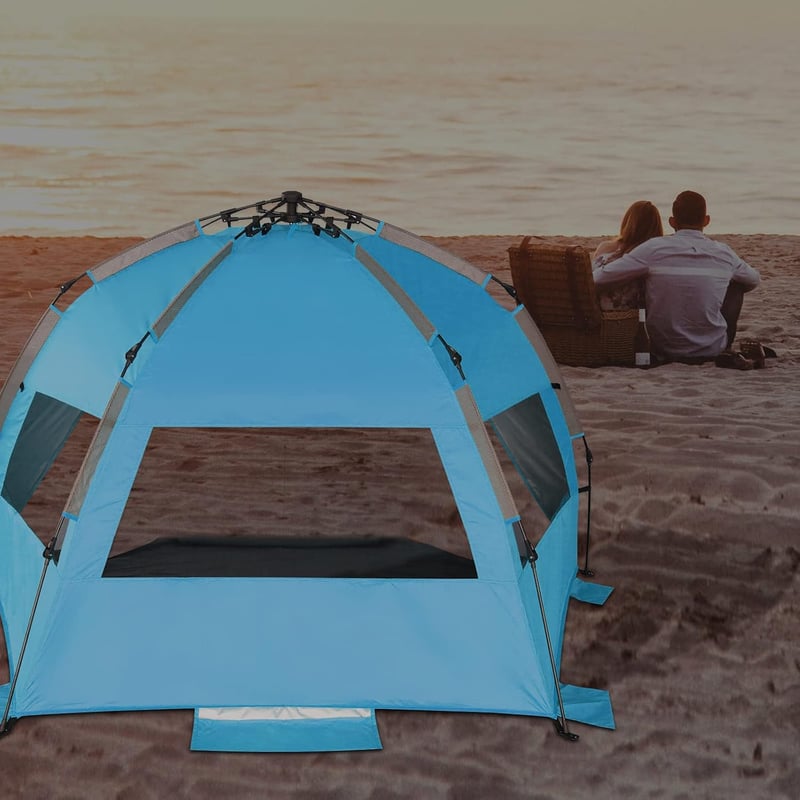 TAGVO UV védő strand sátor 4 személyes pop up napvédő menedék, jó szellőzéssel, kék-szürke camping sátor
