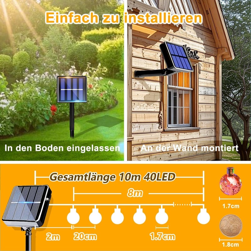 taiyongkang 10m 40 LED-es napelemes kerti fényfüzér, 8 világítási mód, IP65 vízálló - 8M, Warm White