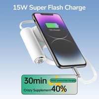 TakTark 5000 mAh Power Bank 15W - Hordozható Töltő Nyújtható Kábellel, USB-C Be/Kimenet, Zseblámpa Funkcióval, Akasztóval iPhone és Samsung  2