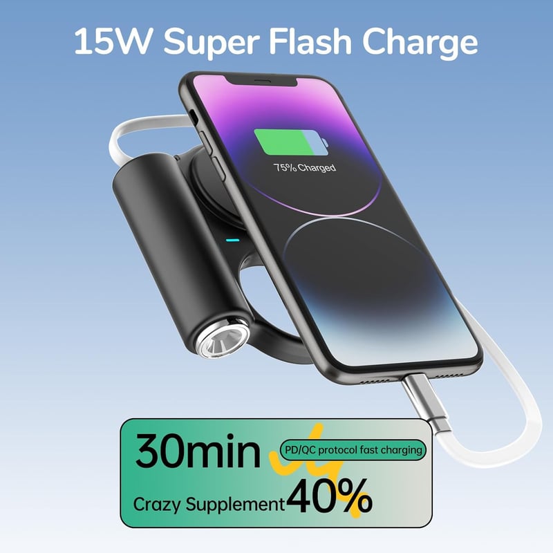 TakTark 5000 mAh Power Bank 15W gyorstöltéssel, nyújtható USB-C kábellel, zseblámpa funkcióval és akasztóval iPhone 16/15/14/13/12, Samsung 