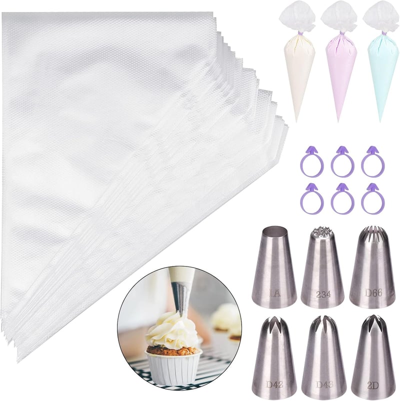 TAKUZA 100 db일次용Habzsák Szett 6 Csatornafejjel és Klipsszel Tortadekoráláshoz - Medium Size 100 Pieces + 6 Nozzles