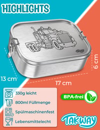 Nerezový detský desiatový box TAKWAY s priehradkami, 800 ml, nepriepustný Bento box, s nastaviteľnou prepážkou, motív nákladného auta, do škôlky 2