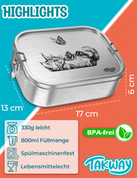 TAKWAY kutija za užinu od nehrđajućeg čelika s pretincima, 800 ml, Bento kutija otporna na curenje za djecu, s fleksibilnom pregradom, motivom mačke, 3 pretinca, za školu i vrtić 2