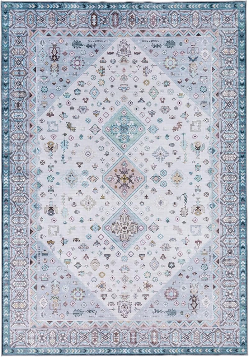 TALETA Mosható Vintage Szőnyeg, Rövid Szálú Nappali Szőnyeg, Kék, Keleti Mintás, Hálószobába is, 140 x 200 cm