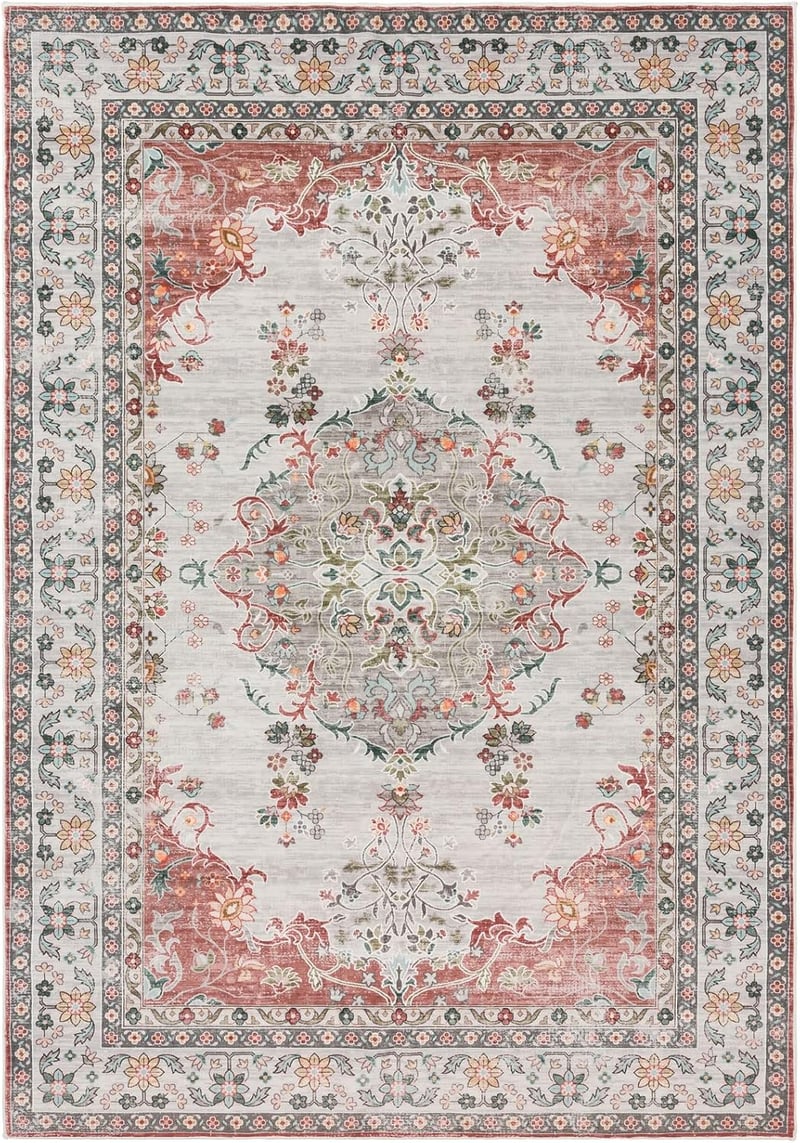 TALETA Vintage Virágmintás Szőnyeg Nappali és Hálószoba Részére - Mosható Mikroszálas Rövid Szálú Piros Szőnyeg, 120x170 cm