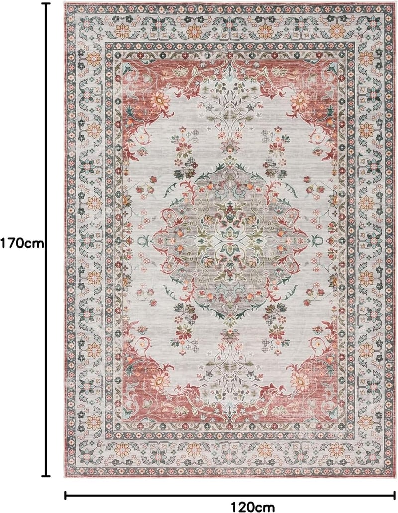 TALETA Vintage Virágmintás Szőnyeg Nappali és Hálószoba Részére - Mosható Mikroszálas Rövid Szálú Piros Szőnyeg, 120x170 cm