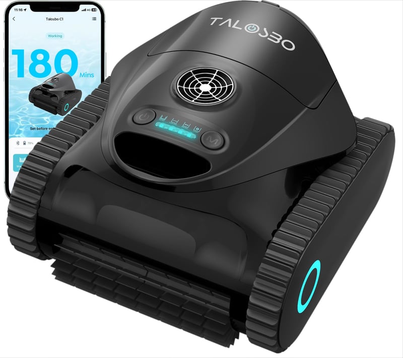 Robotický bazénový vysávač TALOSBO C1 – Čistenie dna a stien, 180-minútová výdrž batérie, dvojitá filtrácia, 3 motory, ovládanie cez aplikáciu, pre bazény do 150 m²