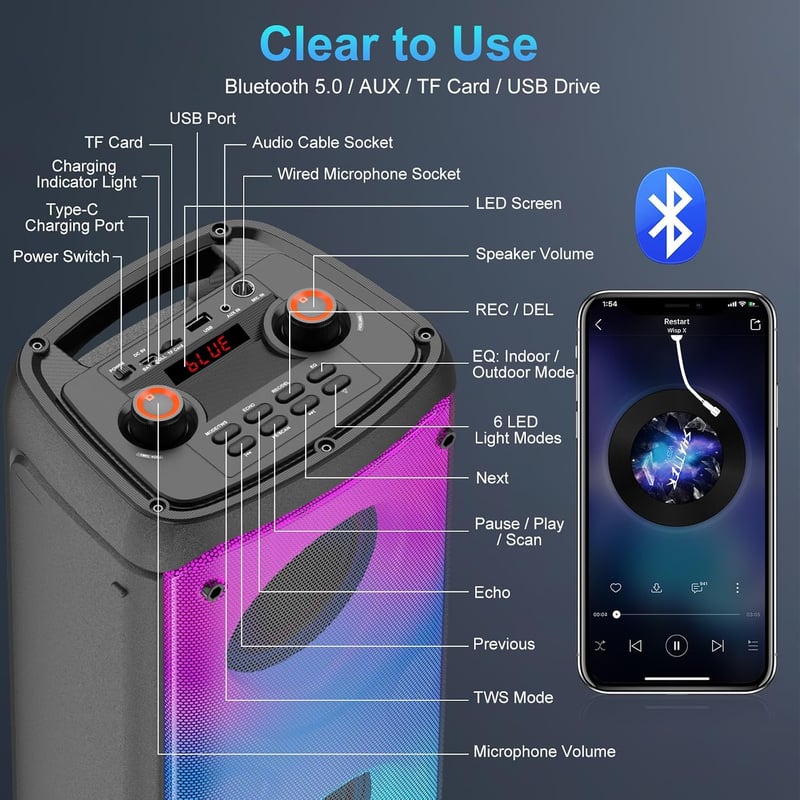 TAMPROAD 80W Bluetooth Hangszóró TWS Szubwoofer LED Kültéri Parti